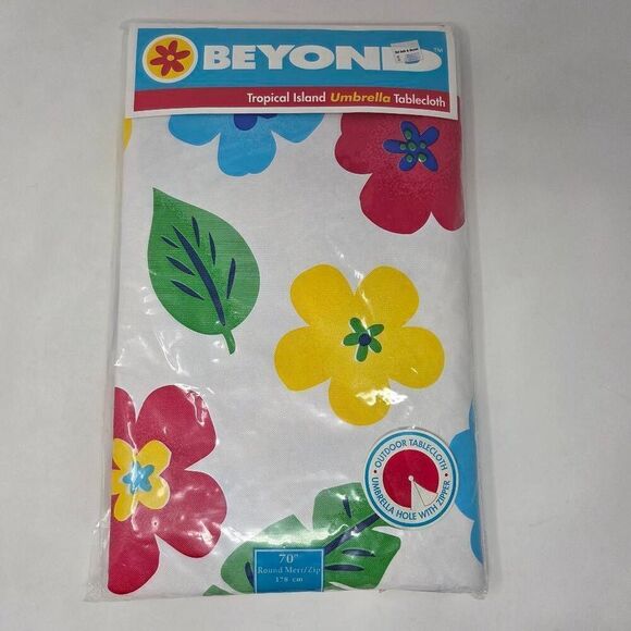 VINTAGE BED BATH & BEYOND UMBRELLA TABLECLOTH SUMMER FLORAL 70" ROUND VINYL NEW - Picture 1 of 7